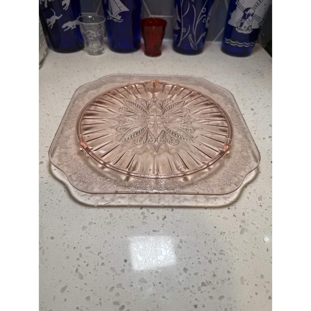 Jeannette Adam Pink 9 3/4" Three Footed Cake Plate Depression Glass